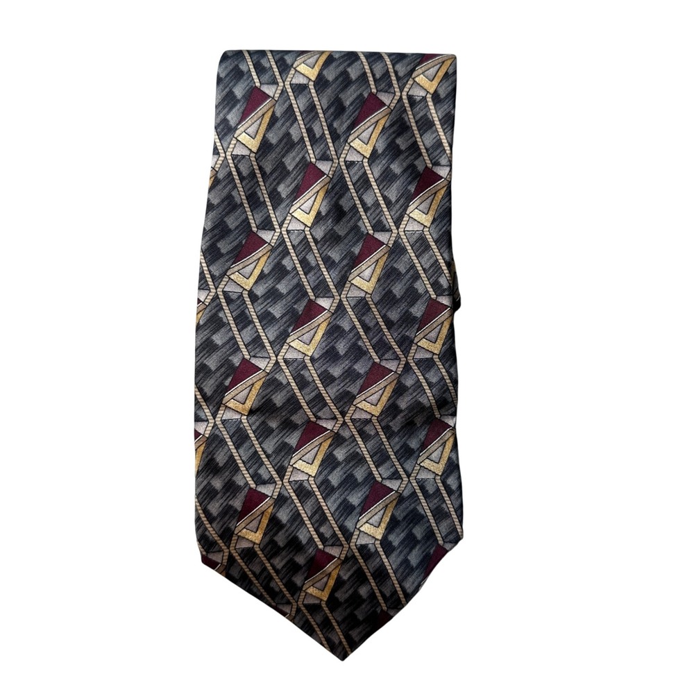 Barrington Necktie Mens OS Grey Gold Burgundy Geometric Abstract Silk Made‎ USA